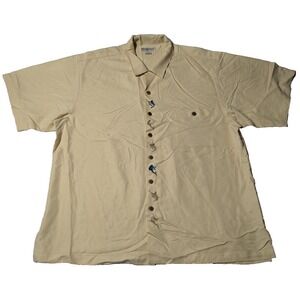 HOOK & TACKLE Men XL Khaki Rayon MARLIN SAILFISH Embroidered Placket Camp Shirt